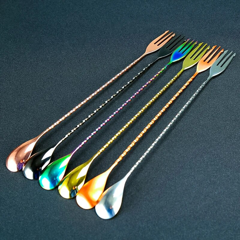 Kokteilių šaukštas Šaukštas Nerūdijančio plieno maišymo spiralės raštų juostos įrankis Barmeno įrankiai Barmeno šaukštas su šakute