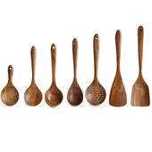 1db Teak natúr fából készült étkészlet, evőkanál kanál Turner rizsszűrő leves szkimmer főzőkanál gombóc konyhai újrafelhasználható szerszámkészlet