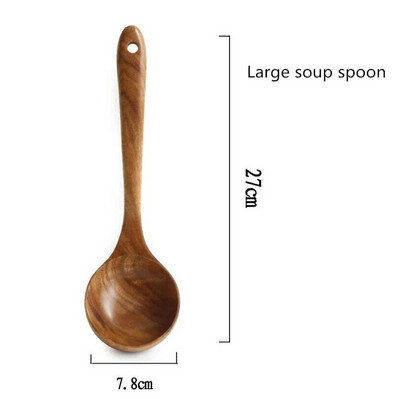 1db Teak natúr fából készült étkészlet, evőkanál kanál Turner rizsszűrő leves szkimmer főzőkanál gombóc konyhai újrafelhasználható szerszámkészlet