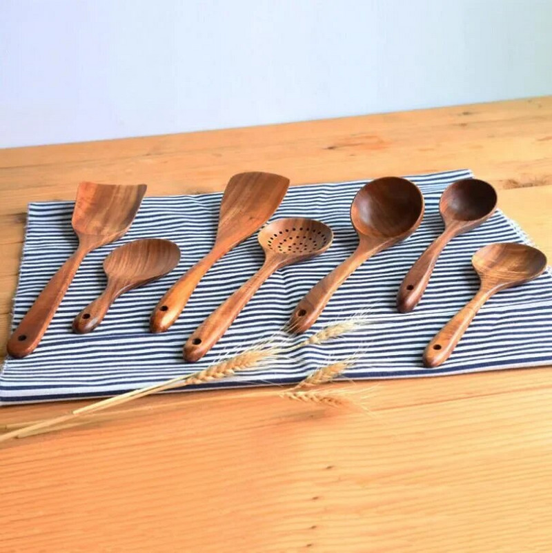1db Teak natúr fából készült étkészlet, evőkanál kanál Turner rizsszűrő leves szkimmer főzőkanál gombóc konyhai újrafelhasználható szerszámkészlet