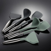 Незалепващ силиконов комплект кухненски прибори за готвене Лопатка Лъжица за супа Плоска лопата Дръжка от неръждаема стомана Кухненски инструмент за готвене