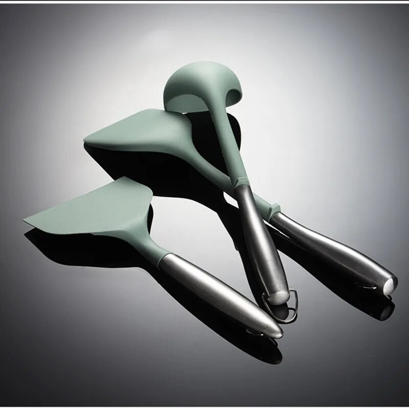 Незалепващ силиконов комплект кухненски прибори за готвене Лопатка Лъжица за супа Плоска лопата Дръжка от неръждаема стомана Кухненски инструмент за готвене