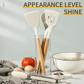 Set de ustensile de bucătărie din silicon cu mâner scurt din lemn, tigaie antiaderentă, lingură, spatulă, spatulă pentru prăjit, grătar, clește pentru grătar