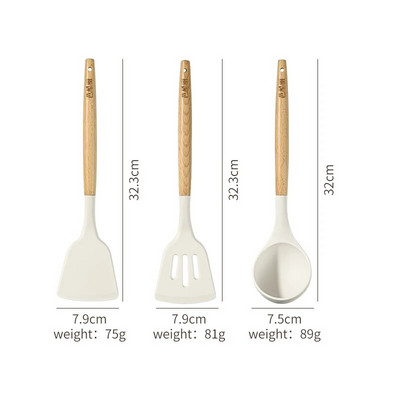 Set de ustensile de bucătărie din silicon cu mâner scurt din lemn, tigaie antiaderentă, lingură, spatulă, spatulă pentru prăjit, grătar, clește pentru grătar