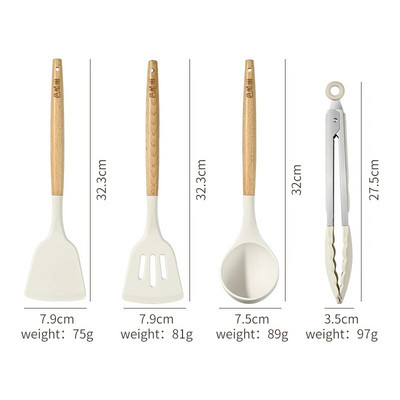 Set de ustensile de bucătărie din silicon cu mâner scurt din lemn, tigaie antiaderentă, lingură, spatulă, spatulă pentru prăjit, grătar, clește pentru grătar