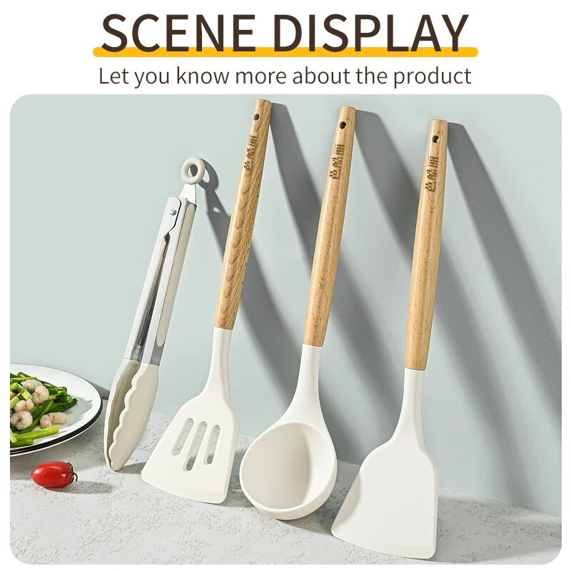 Set de ustensile de bucătărie din silicon cu mâner scurt din lemn, tigaie antiaderentă, lingură, spatulă, spatulă pentru prăjit, grătar, clește pentru grătar