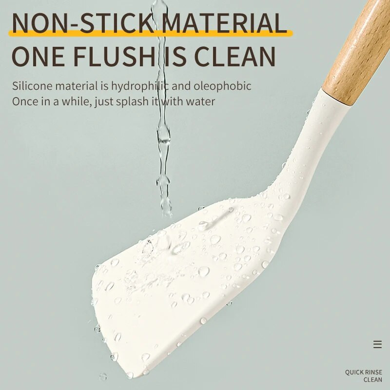 Set de ustensile de bucătărie din silicon cu mâner scurt din lemn, tigaie antiaderentă, lingură, spatulă, spatulă pentru prăjit, grătar, clește pentru grătar
