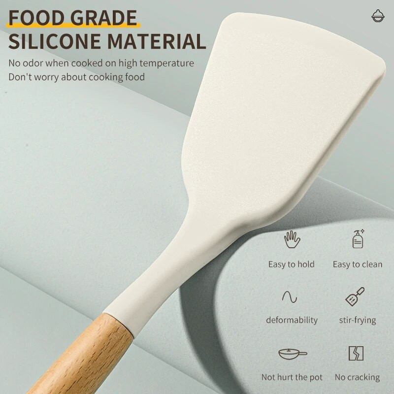 Set de ustensile de bucătărie din silicon cu mâner scurt din lemn, tigaie antiaderentă, lingură, spatulă, spatulă pentru prăjit, grătar, clește pentru grătar