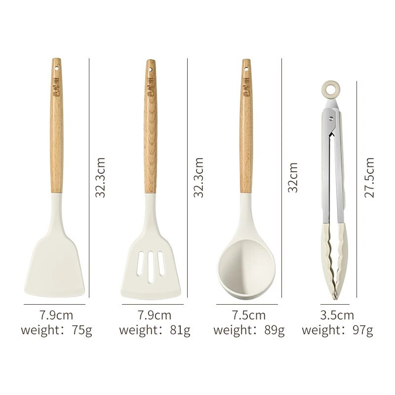 Set de ustensile de bucătărie din silicon cu mâner scurt din lemn, tigaie antiaderentă, lingură, spatulă, spatulă pentru prăjit, grătar, clește pentru grătar
