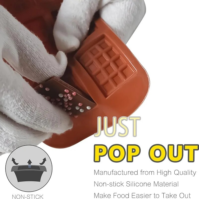 12 cavity silikona sadalāmā šokolāde, vafeļu pārtikas kvalitātes nepiedegošā silikona šokolādes vafeļu veidne un enerģijas šokolādes veidnes