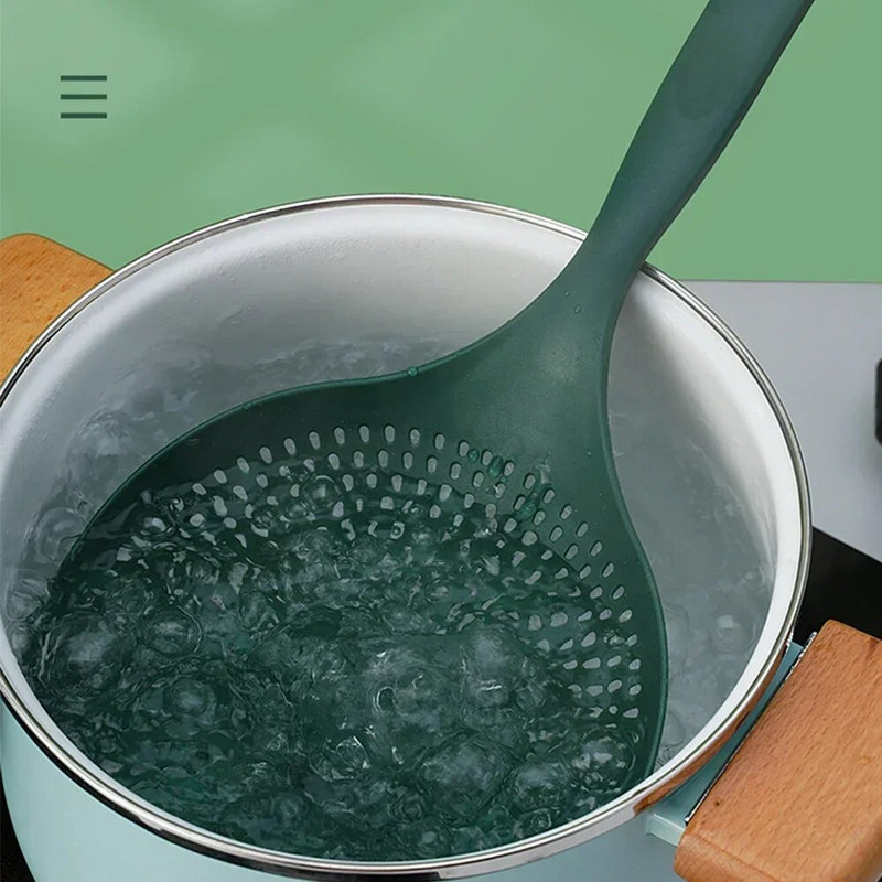 Plastikinis didelis kiaurasamtis šaukštai nutekėjimo kaušelis karščiui atsparus ilga rankena sietelis Maisto makaronų kiaurasamčiai virtuvės filtrų įtaisai