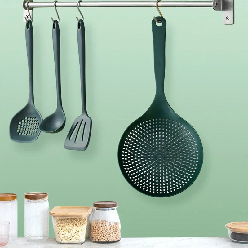 Plastikinis didelis kiaurasamtis šaukštai nutekėjimo kaušelis karščiui atsparus ilga rankena sietelis Maisto makaronų kiaurasamčiai virtuvės filtrų įtaisai