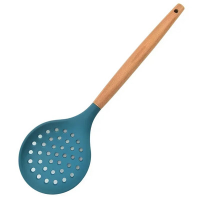 1db főzési szilikon szűrő Élelmiszer tapadásmentes, hőálló fa nyelű szűrőszűrő kanál szűrőszűrő főző konyhai eszközök