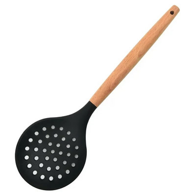 1db főzési szilikon szűrő Élelmiszer tapadásmentes, hőálló fa nyelű szűrőszűrő kanál szűrőszűrő főző konyhai eszközök