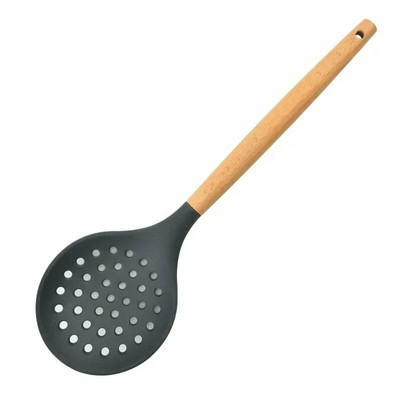 1db főzési szilikon szűrő Élelmiszer tapadásmentes, hőálló fa nyelű szűrőszűrő kanál szűrőszűrő főző konyhai eszközök