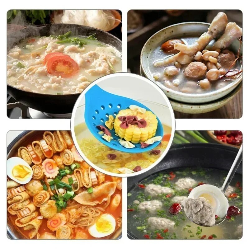 1db főzési szilikon szűrő Élelmiszer tapadásmentes, hőálló fa nyelű szűrőszűrő kanál szűrőszűrő főző konyhai eszközök