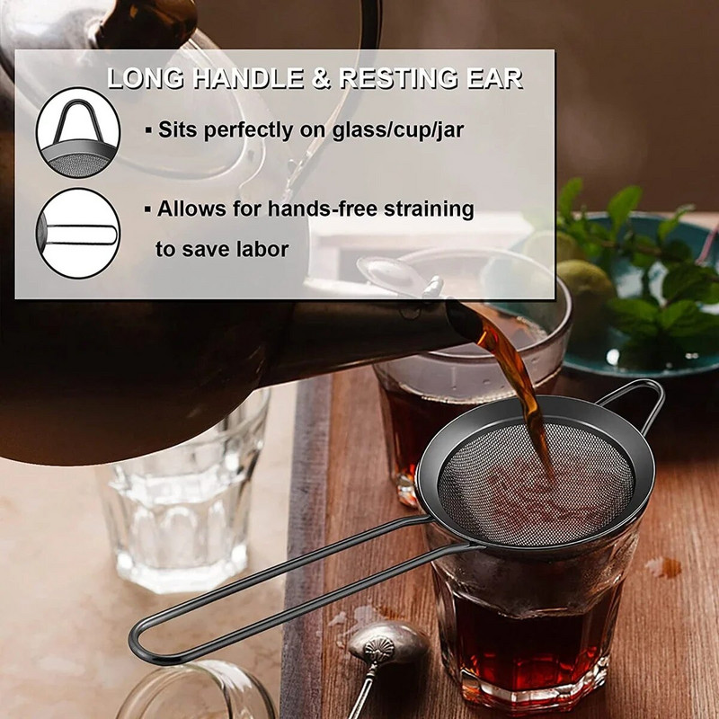 Sita din plasă din oțel inoxidabil Sită fină pentru ceai cu strecurătoare cu mâner lung Scurtă cu plasă Sită pentru făinuri alimentare de cafea de cocktail