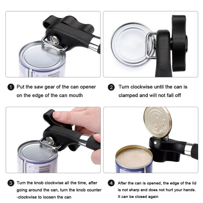 Egyszerű konzervnyitó, rozsdamentes acél kézikönyv, professzionális, könnyű nyitók forgatógombbal, háztartási konyhai hasznos eszközök