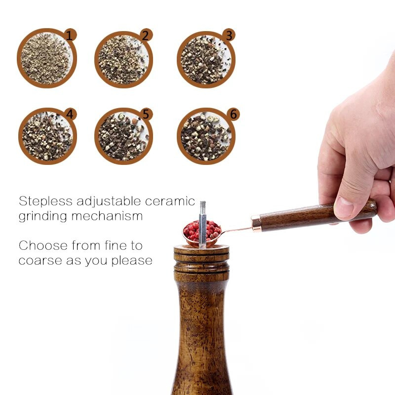 Druskos ir pipirų malūnėliai, medžio masyvo pipirų malūnėlis su stipriu reguliuojamu 5" 8" 10" keraminiu malūnėliu – Leeseph virtuvės įrankiai