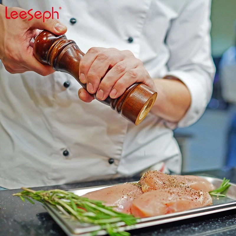 Druskos ir pipirų malūnėliai, medžio masyvo pipirų malūnėlis su stipriu reguliuojamu 5" 8" 10" keraminiu malūnėliu – Leeseph virtuvės įrankiai