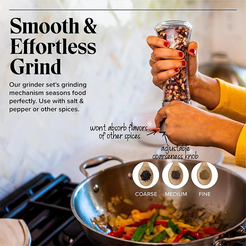 Druskos ir pipirų malūnėliai, nerūdijančio plieno prieskonių malūnėliai, pipirų plaktuvai, reguliuojami stambumo malūnėliai, virtuvės prietaisai