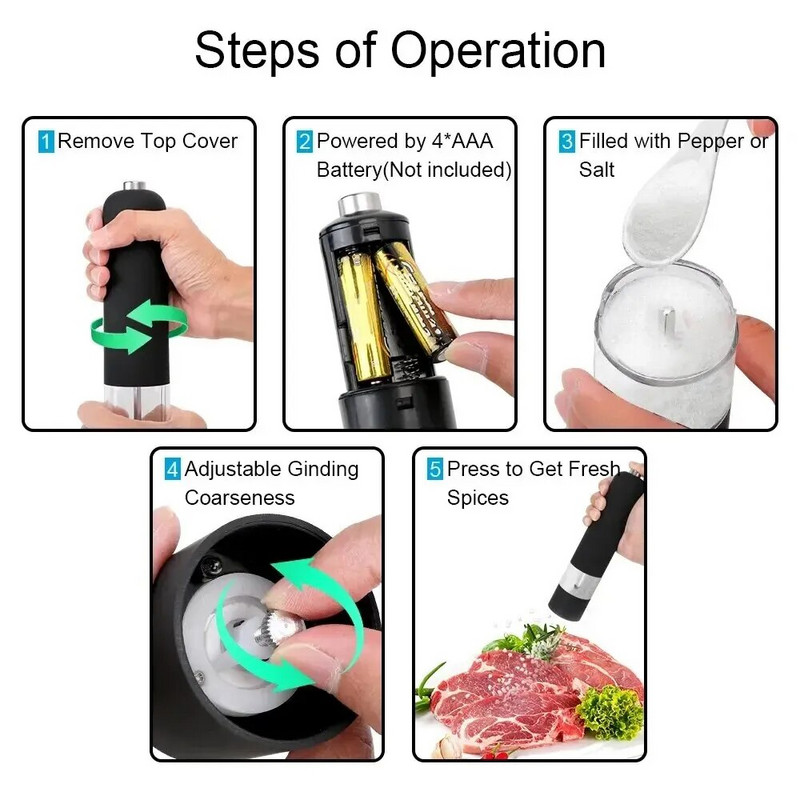 Elektromos automata paprika- és sódaráló LED fénnyel, állítható durvaságú fűszerdaráló konyhai főzőeszközzel