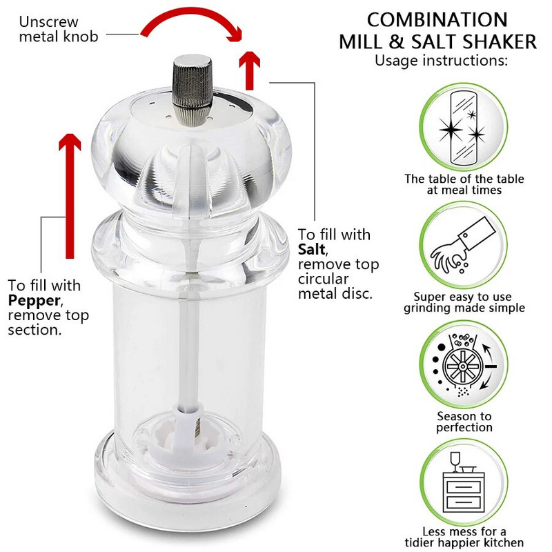 Rasnita de piper Moara de sare si piper Rasnita transparenta de condimente Agitatoare de grosimea ajustabila Instrumente de gatit de bucatarie