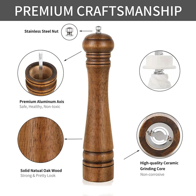 Uus 5/8/10-tolline soola- ja pipraveski täispuidust vürtside pipraveski tugeva reguleeritava keraamilise veskiga, köögi küpsetustööriistad