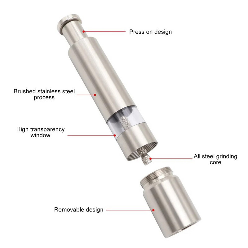 Nerūdijančio plieno nykščio pipirų malūnėlis Druskos malūnėlis Pipirų malūnėlis Vienarankis mini druskos ir pipirų malūnėlis Prieskonių padažų malūnėliai