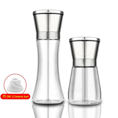 Rankinis pipirų malūnėlis su reguliuojamu stambiu malūnu, druskos ir pipirų malūnėliu namų virtuvei, nerūdijantis plienas + stiklas