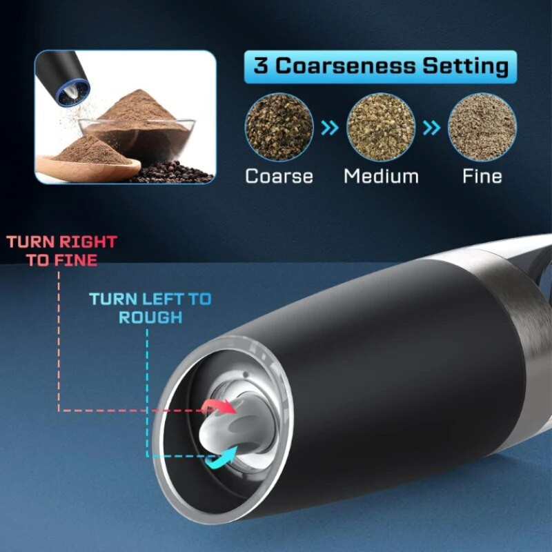 Gravitacinė elektrinė druskos ir pipirų malūnėlis, automatinis malūnėlis, valdomas su baterijomis, reguliuojamas šiurkštumas, nerūdijantis plienas, valdomas viena ranka