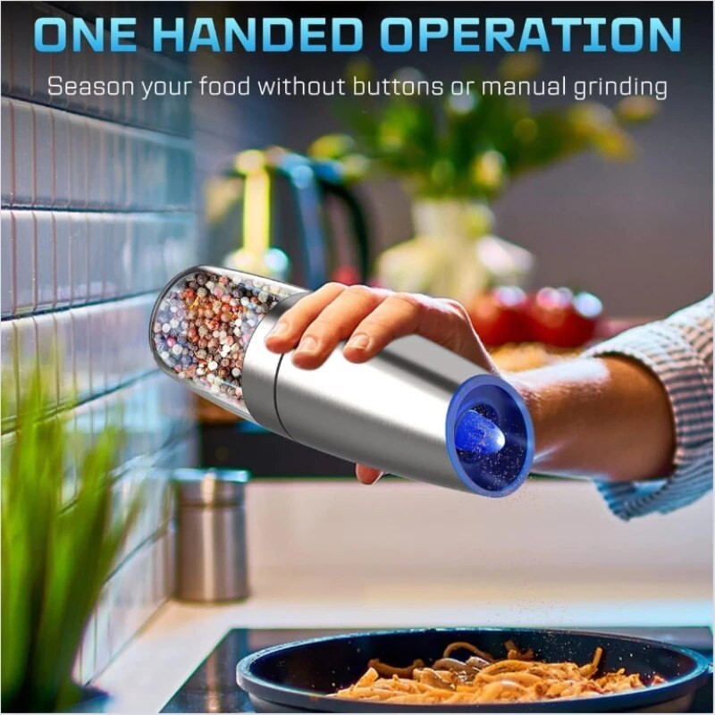 Gravitacinė elektrinė druskos ir pipirų malūnėlis, automatinis malūnėlis, valdomas su baterijomis, reguliuojamas šiurkštumas, nerūdijantis plienas, valdomas viena ranka