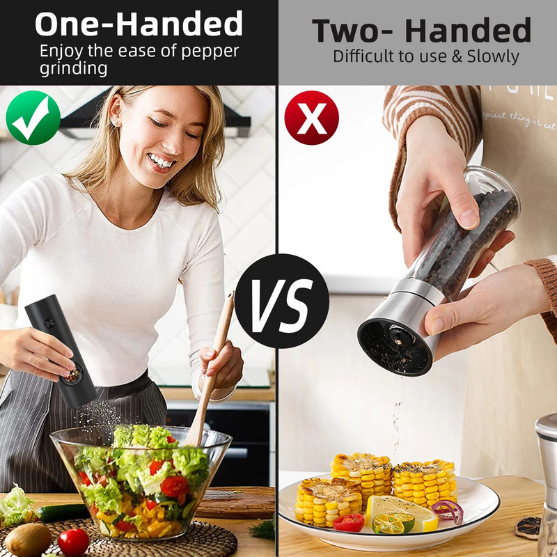 Електрическа мелница за пипер и подправки Автоматична мелница за сол Pepper Shaker Мелница за гравитация на подправки със светодиодна светлина Регулируема грубост