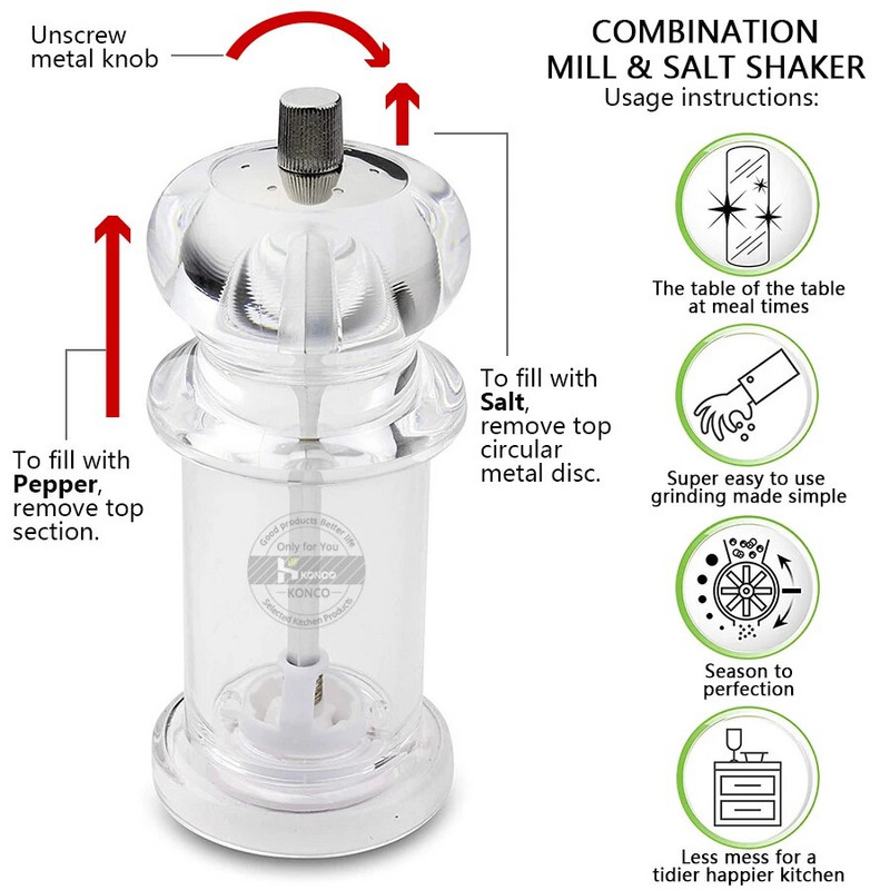 Pipirų malūnėlis akrilo druska ir pipirų malūnėlis su reguliuojamo stambumo prieskonių malūnėlio virtuvės priedais