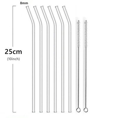 25 cm ilgio stikliniai geriamieji šiaudeliai skaidraus daugkartinio naudojimo stiklo šiaudelių rinkinys su šepečiais Ekologiški stikliniai šiaudeliai kokteiliui pieno kokteiliui