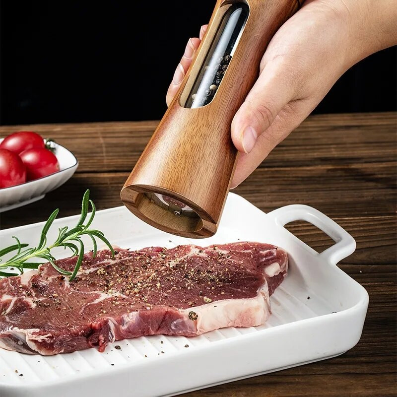 Akacijos medinis rankinis pipirų malūnėlis, druska ir prieskonių žolelių malūnėlis