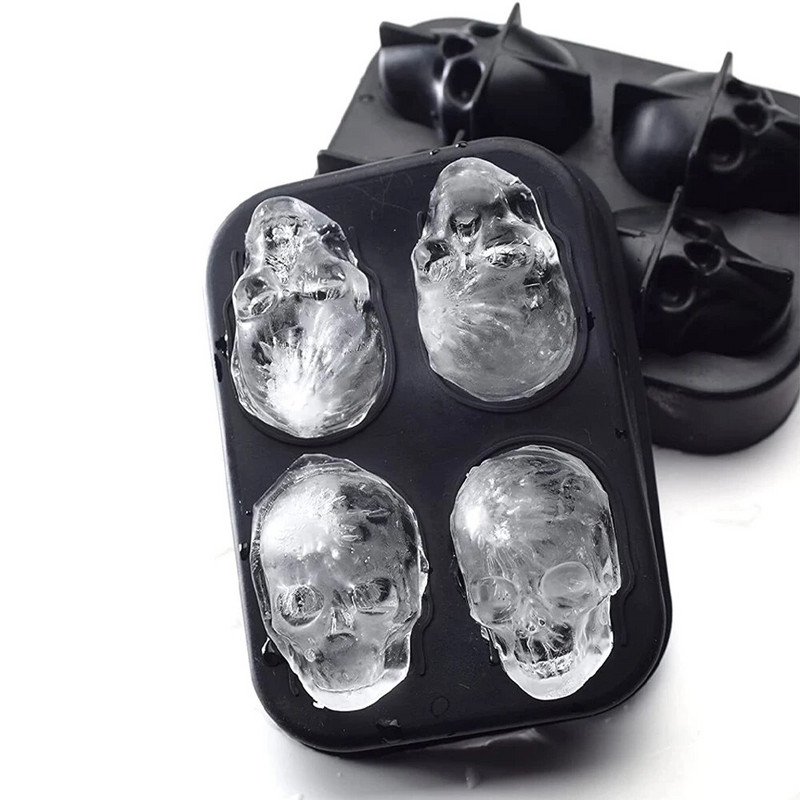 3D kaukolės silikono formelės ledo kubelių gaminimo mašina „Keturi viename“ „pasidaryk pats“ kaukolės formos padėklas, formuojamas namų baro vakarėliui, vėsiam viskio vyno ledų baro įrankis