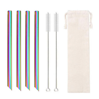 4vnt 12mm itin platus šiaudelis, daugkartinis 304 nerūdijančio plieno geriamojo šiaudelio metaliniai šiaudeliai kokteiliams Tapijokos perlų pieno burbuliukų arbata