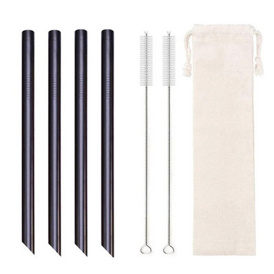 4vnt 12mm itin platus šiaudelis, daugkartinis 304 nerūdijančio plieno geriamojo šiaudelio metaliniai šiaudeliai kokteiliams Tapijokos perlų pieno burbuliukų arbata