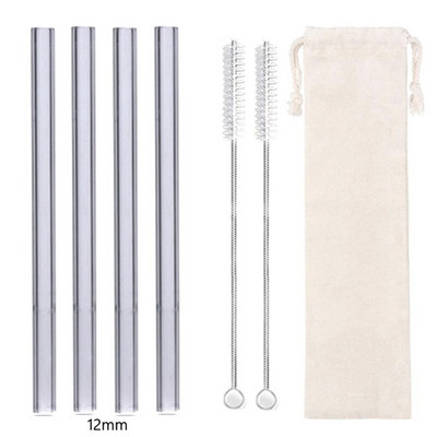 4 vnt tiesūs stikliniai šiaudeliai Daugkartiniai skaidrūs šiaudeliai 12 mm pločio kokteilių šiaudeliai, skirti Boba Bubble arbatos kokteiliams gėrimui