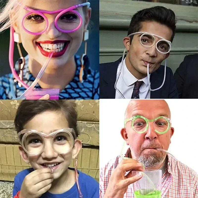 Juokingi minkšti šiaudiniai akiniai Plastikiniai šiaudeliai Unikalūs lankstūs gėrimo vamzdeliai Vaikų gimtadienio šventės reikmenys Priedai