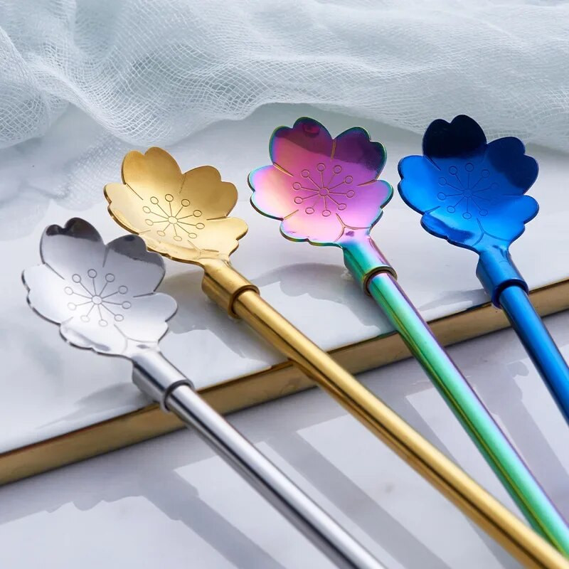 Set žlica sa slamkom od trešnjinog cvijeta 304 nehrđajući čelik Mješalica za piće za višekratnu upotrebu s četkom za čišćenje Kućna kuhinja Dodaci za bar za zabavu