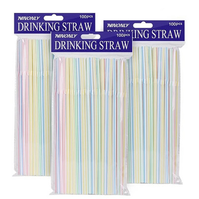 300 опаковки пластмасови сламки за еднократна употреба Многоцветни гъвкави раирани дъгообразни аксесоари за барове за пиене