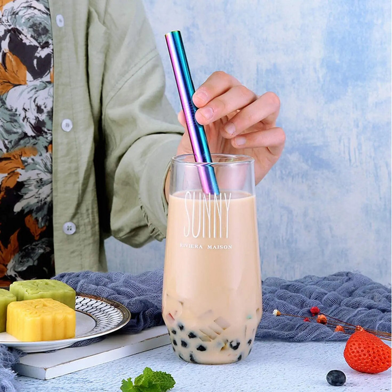 Paie mare de 12 mm Bubble Tea Milkshake Paie metalice reutilizabile 304 Set de paie de băut din oțel inoxidabil Bar Boba Tuburi drepte de paie