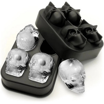 1PCS LMETJMA 3D тава за кубчета лед с череп и фуния Силиконова гъвкава 4 кухини Форми за ледогенератор Ice Cube Maker Инструменти за сладолед