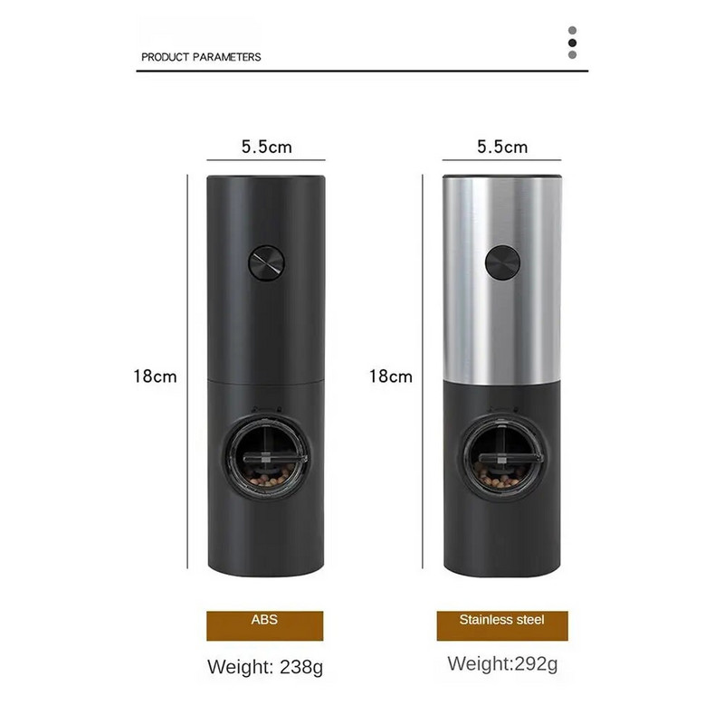 Elektrinė automatinė pipirų ir druskos malūnėlis su LED šviesa reguliuojamu šiurkštumo gravitacijos jutikliu Mini Smart