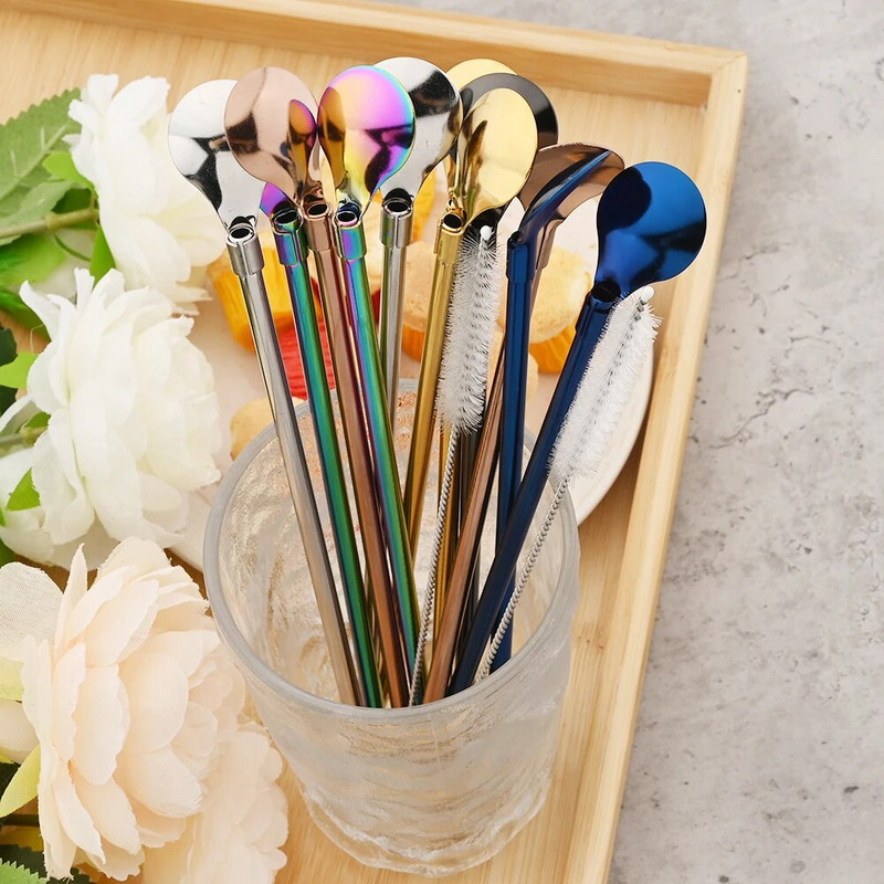 4/8 db 304 rozsdamentes acél szalmakanál szett keverő szalma Újrafelhasználható fém szívószál kefével turmix iváshoz tartozék