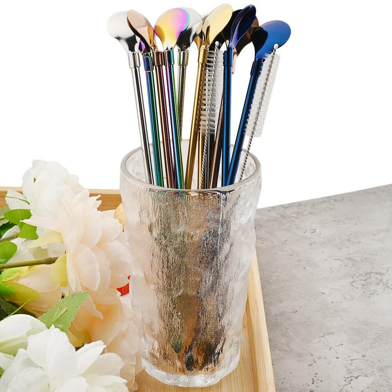 4/8 db 304 rozsdamentes acél szalmakanál szett keverő szalma Újrafelhasználható fém szívószál kefével turmix iváshoz tartozék