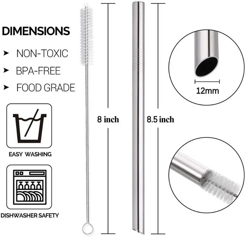 Sfaturi unghiulare Paie reutilizabile pentru smoothie 12 mm lățime Paie Boba din oțel inoxidabil 304 pentru petrecere Paie de băut din metal pentru ceai cu bule