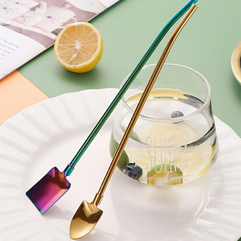 2In1Drinking Straws Spoon Creative Stainless Steel Reusable Drinking Straw Cocktail Stirring Spoon Bar Milk Coffee Stirring Tool